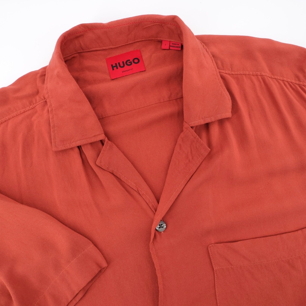 HUGO Boss Straight Fit Camp Collar Shirt Rust Orange Short Sleeve‎ Mens Large